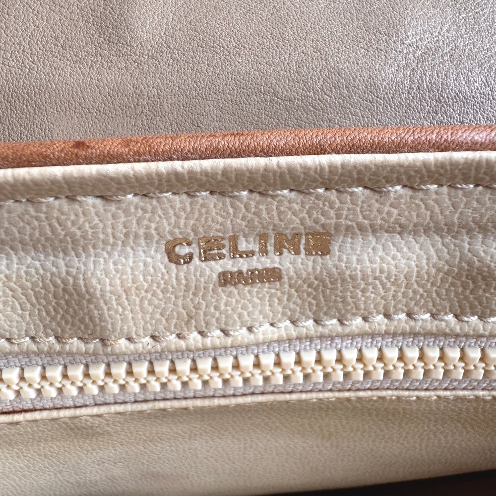Vintage Celine Paris Triomphe Leather Chain Crossbody Tan Gold Hardware Flap - Picture 7 of 10